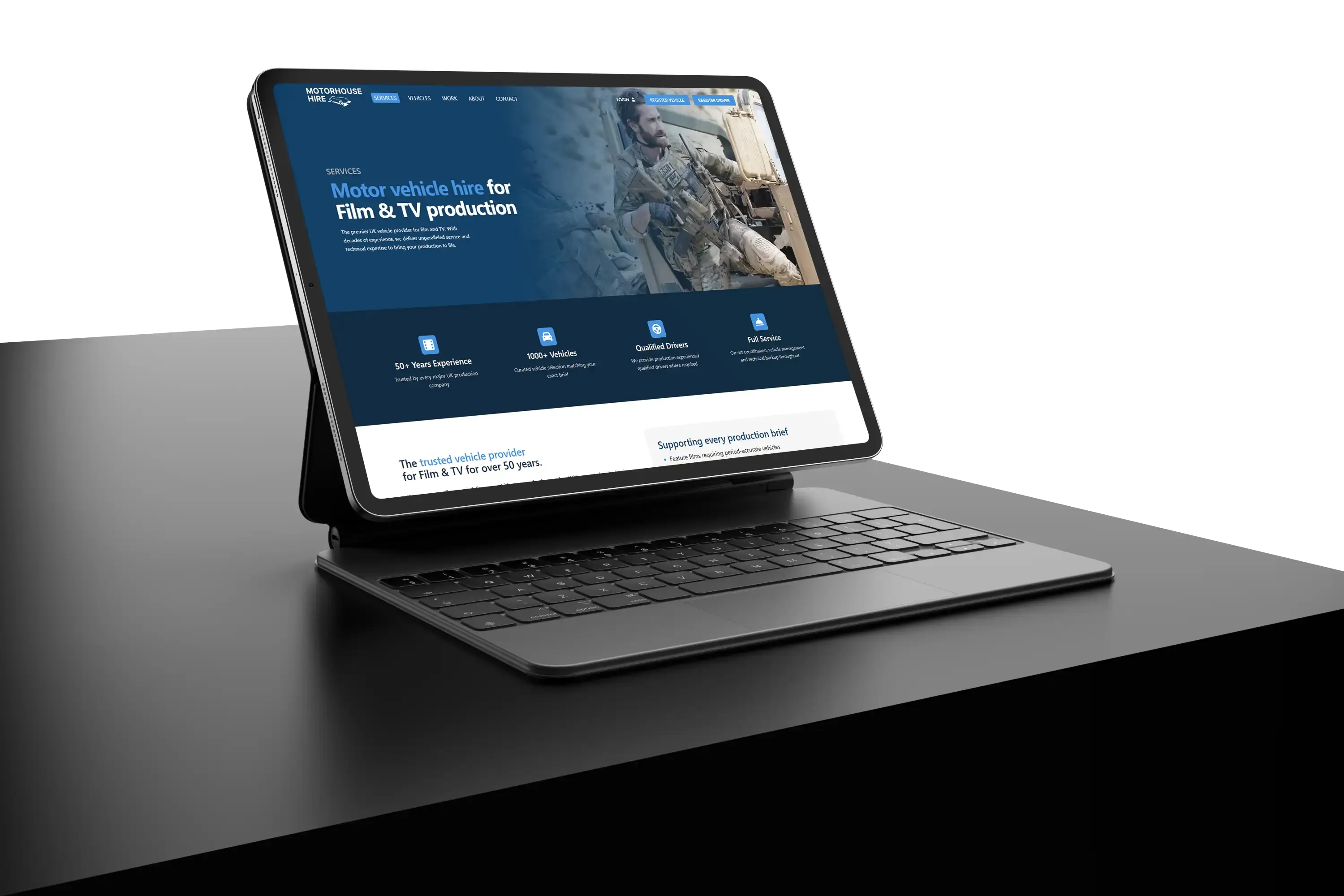 Motorhouse Hire website ipad on a desk mockup